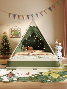cream boucle Bear bed with royal princess theme styling